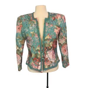 Nah Nah Collection Vintage 80s‎ Teal Blue Pink Floral Blazer, Victorian  38 bust